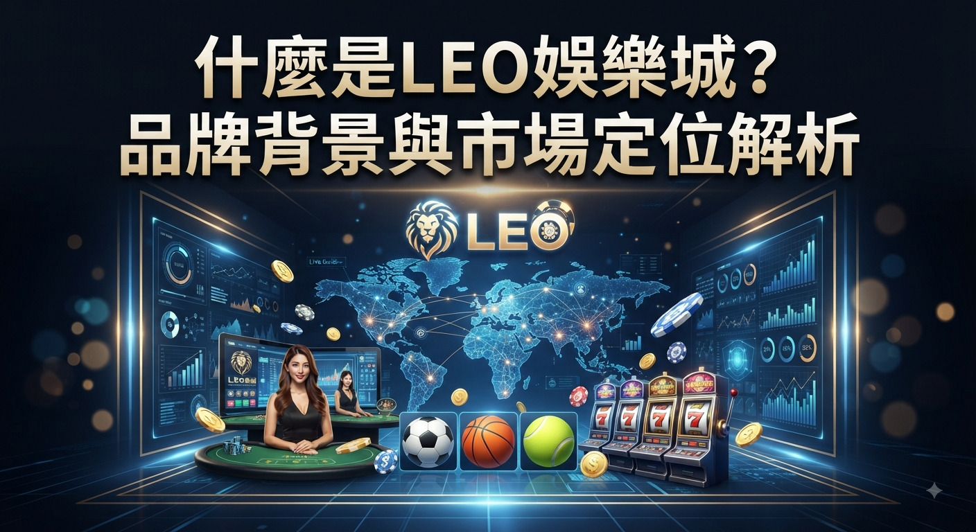 這是一張介紹LEO娛樂城的宣傳圖片，上方醒目地顯示著「什麼是LEO娛樂城？品牌背景與市場定位解析」的標題。 畫面背景融合了全球地圖、賭場籌碼、真人百家樂、體育賽事與老虎機等多元博弈元素，展現其線上娛樂城的品牌定位。