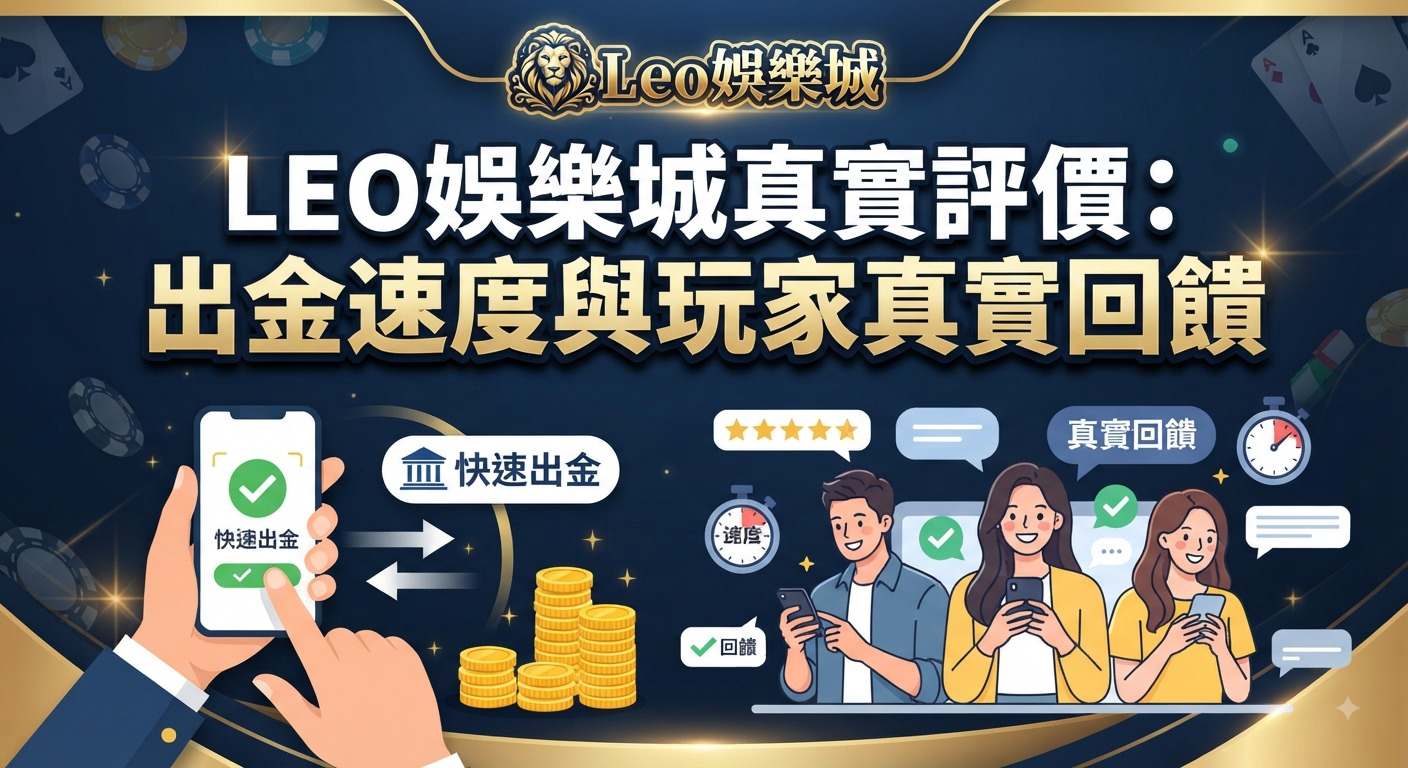 這張圖片展示了LEO娛樂城的真實評價主題，並以插圖呈現快速出金的速度與玩家的回饋。 畫面中結合了手機支付介面、金幣堆疊以及玩家使用手機的場景，突顯出金效率與真實口碑。